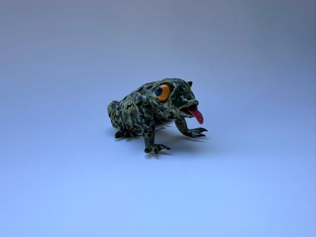 Spotted Green Frog with Orange Eyes | Handmade Frog Sculpture