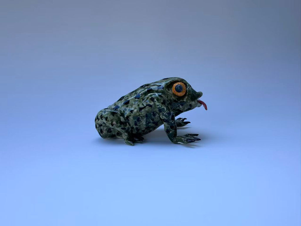 Spotted Green Frog with Orange Eyes | Handmade Frog Sculpture