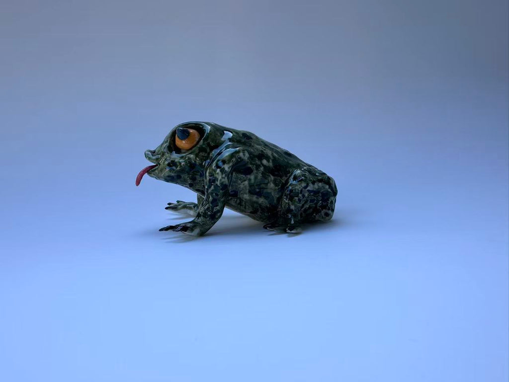Spotted Green Frog with Orange Eyes | Handmade Frog Sculpture