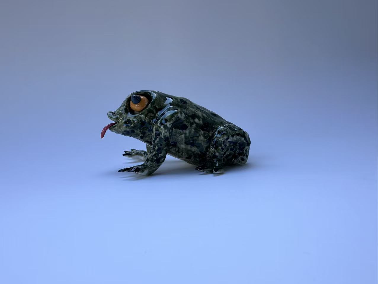 Spotted Green Frog with Orange Eyes | Handmade Frog Sculpture