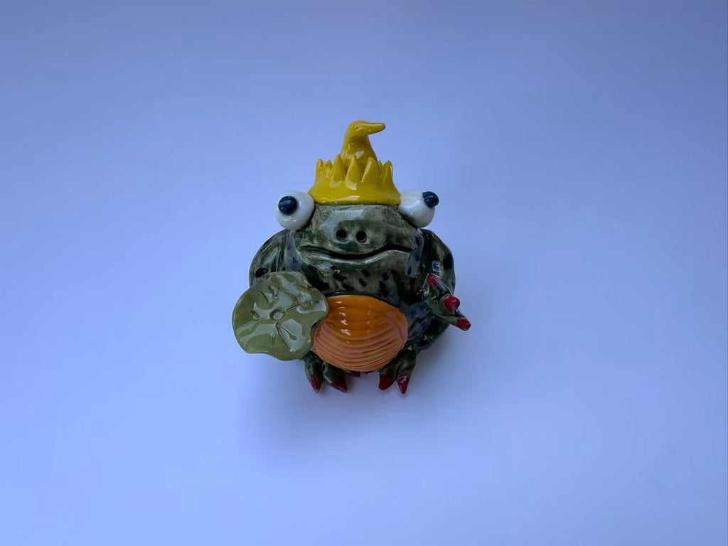 Fantasy Crown Frog with Lotus Leaf | Handmade Frog Sculpture