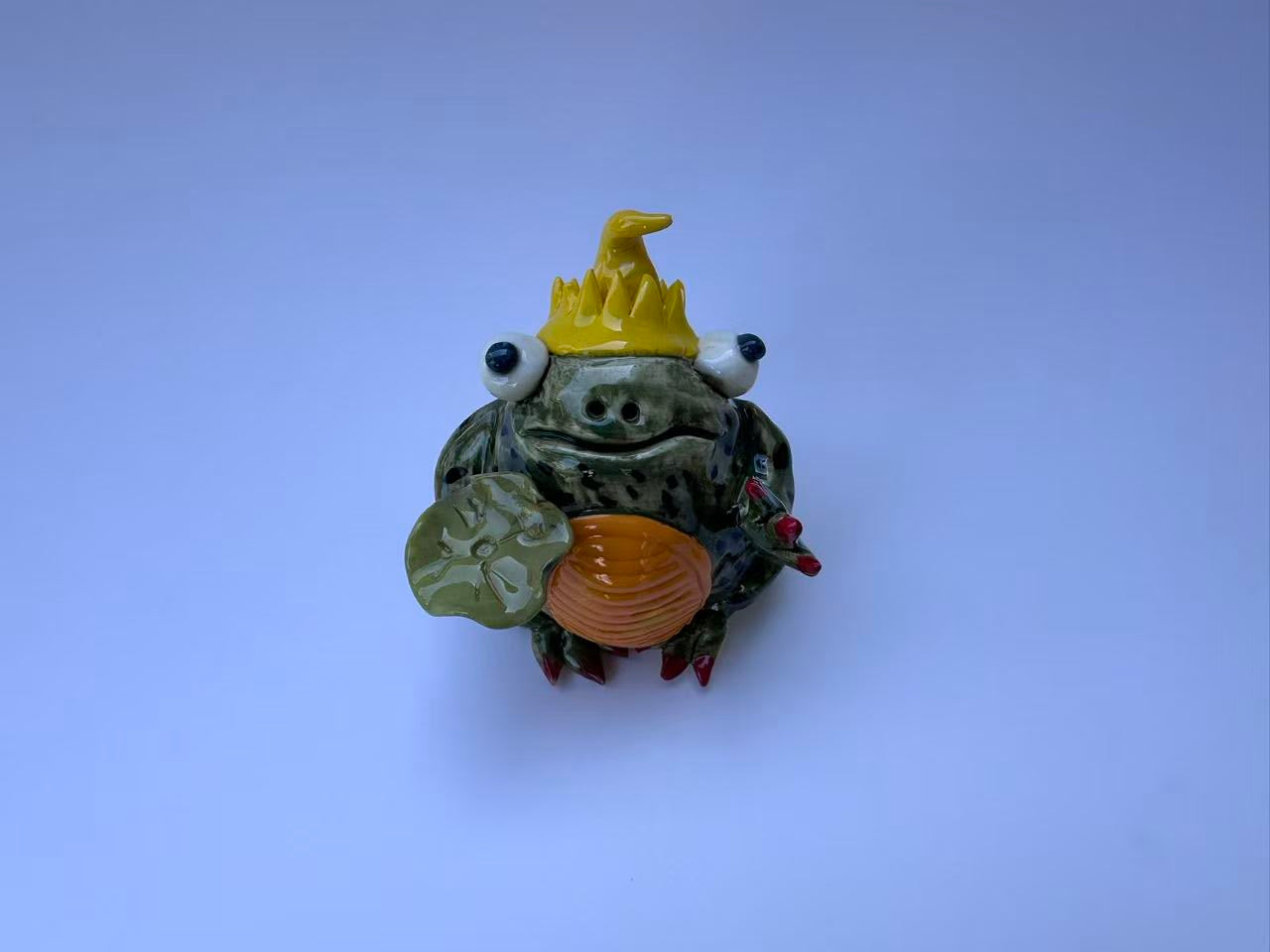 Fantasy Crown Frog with Lotus Leaf | Handmade Frog Sculpture