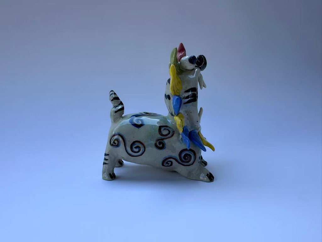 Handmade Colorful Mythical Cat Sculpture