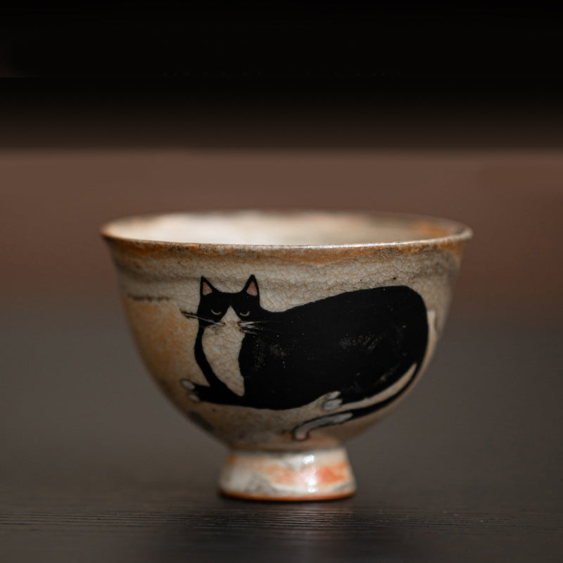 Handmade Yōhen Shino Cat Teacup - Small Gongfu Tea Cup