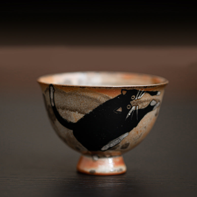 Handmade Yōhen Shino Cat Teacup - Small Gongfu Tea Cup