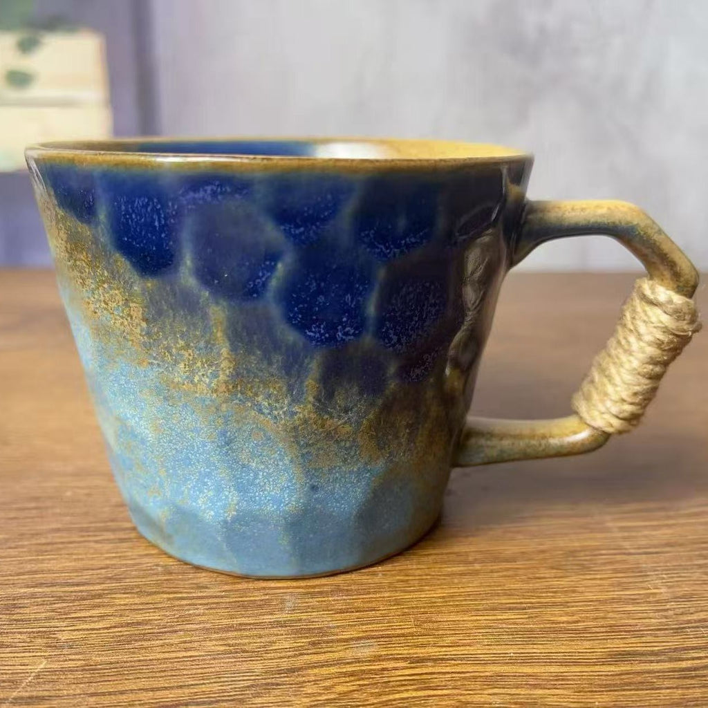 Wabi-Sabi Yōhen Stoneware Cup - Handmade Bound Rope Wide Mouth Coffee Mug