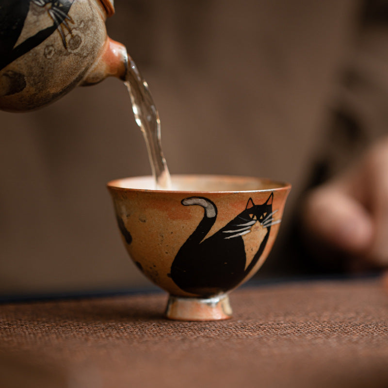 Handmade Yōhen Shino Cat Teacup - Small Gongfu Tea Cup