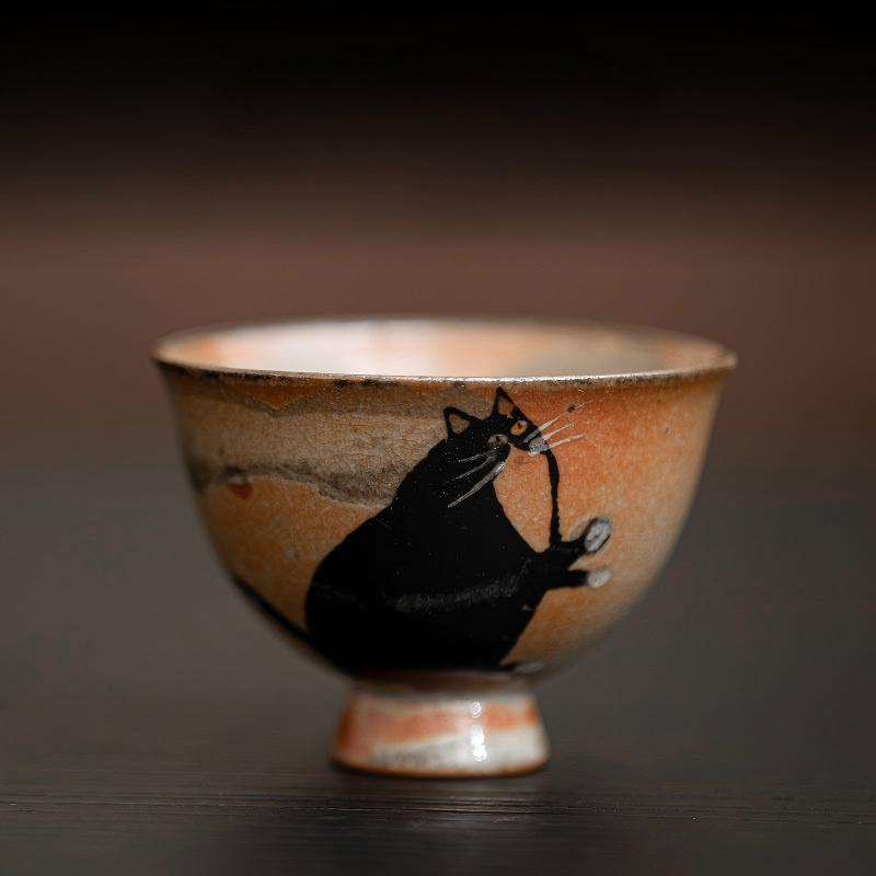 Handmade Yōhen Shino Cat Teacup - Small Gongfu Tea Cup