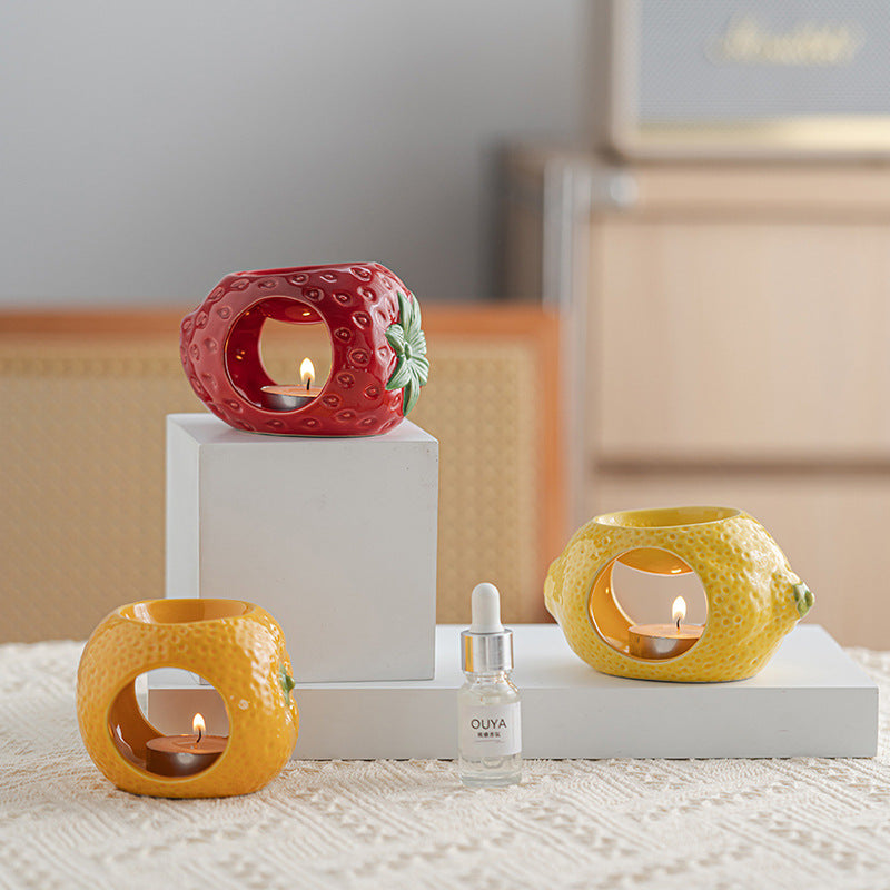 Handmade Fruit Ceramic Aromatherapy Candle Holder - Strawberry, Orange, Lemon for Wax Melts & Essential Oils