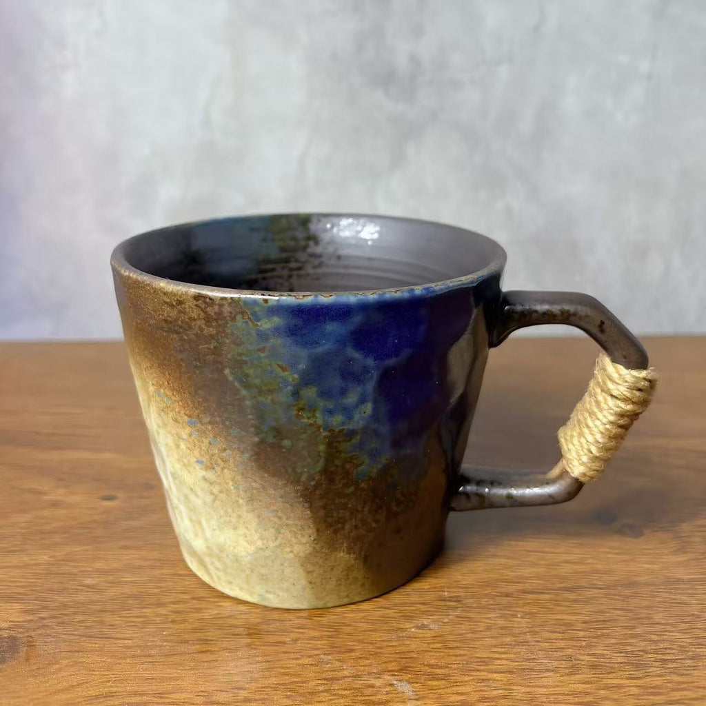 Wabi-Sabi Yōhen Stoneware Cup - Handmade Bound Rope Wide Mouth Coffee Mug