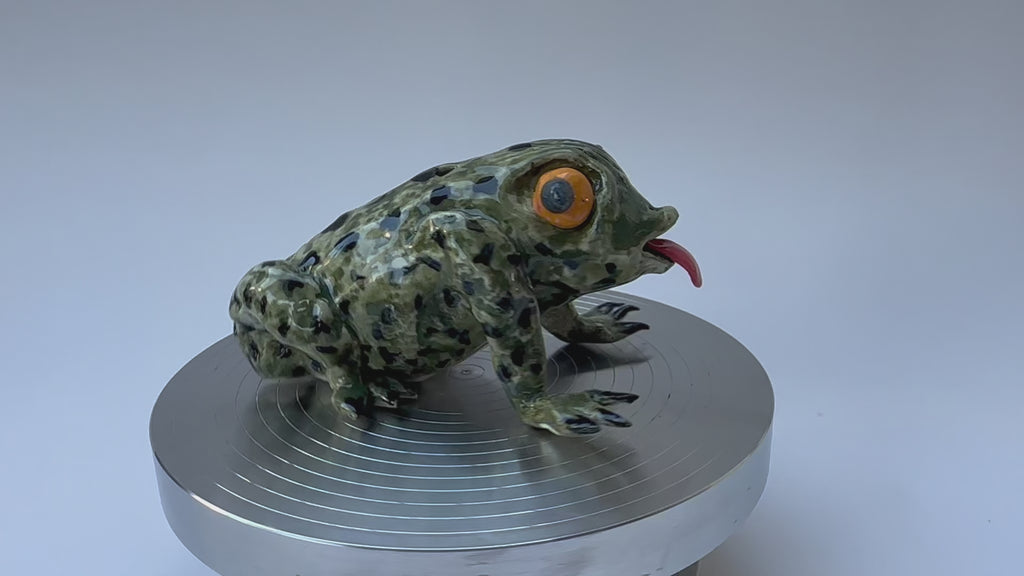 Spotted Green Frog with Orange Eyes | Handmade Frog Sculpture